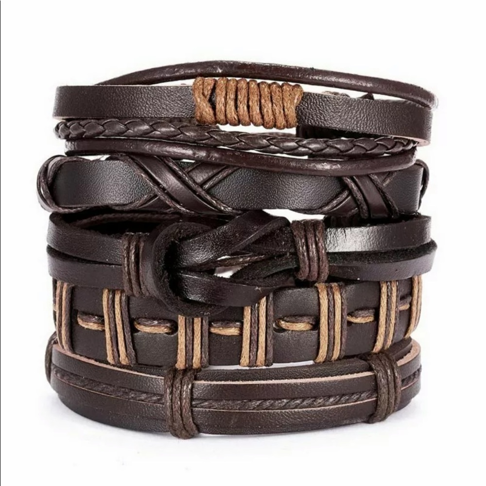 Layered Leather Bracelet Set - 6-Piece Brown